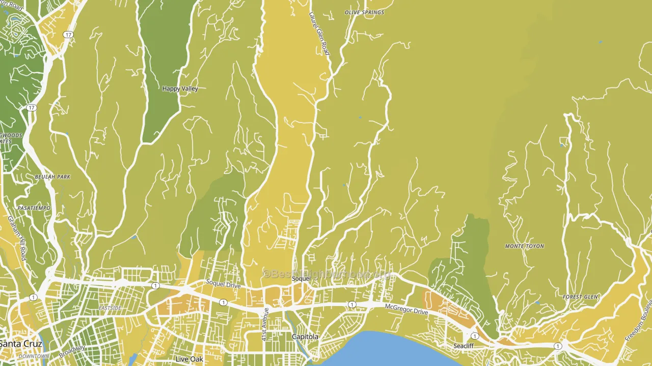 Map of the best neighborhoods in the Soquel area, with better matches in green and worse matches in red
