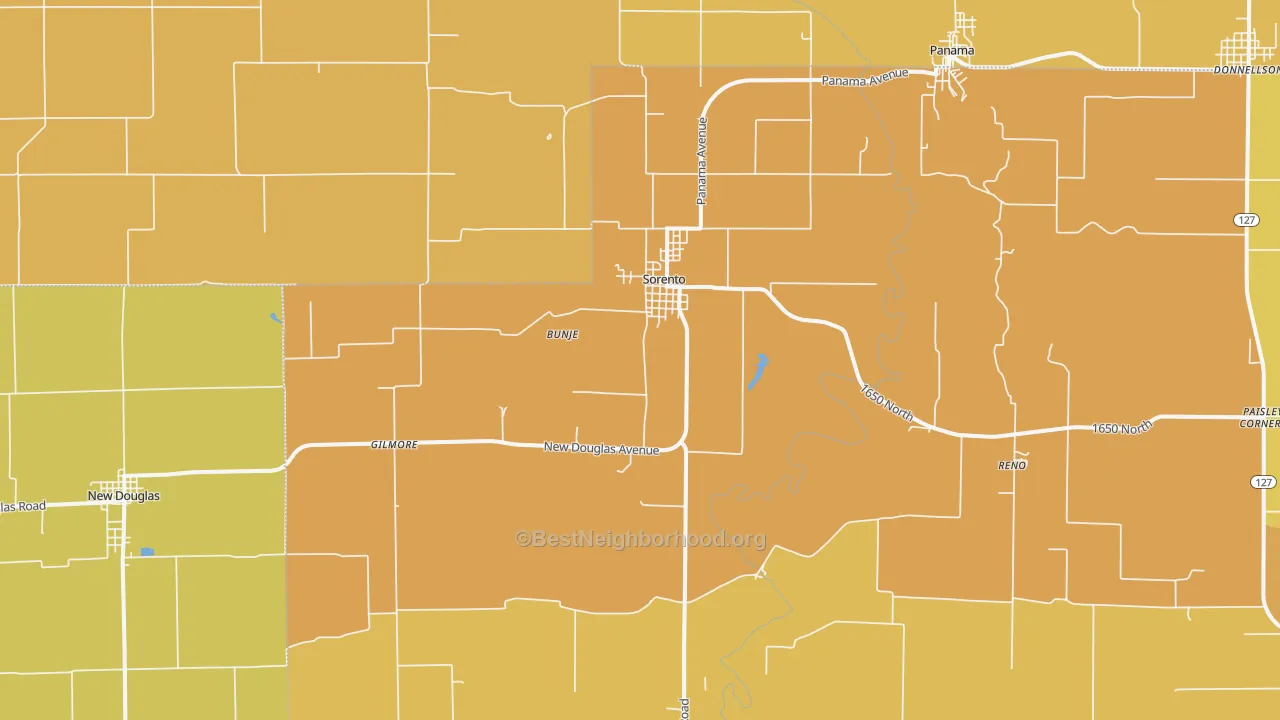 Map of the best neighborhoods in the Sorento area, with better matches in green and worse matches in red
