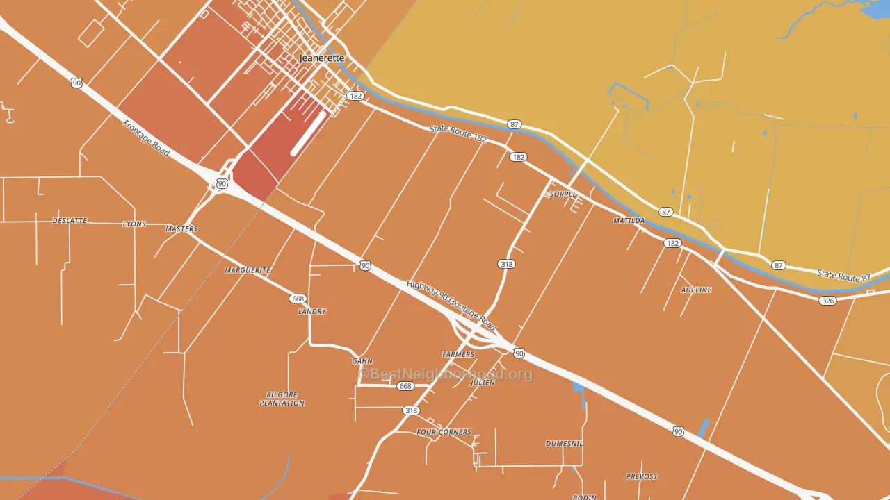 Map of the best neighborhoods in the Sorrel area, with better matches in green and worse matches in red