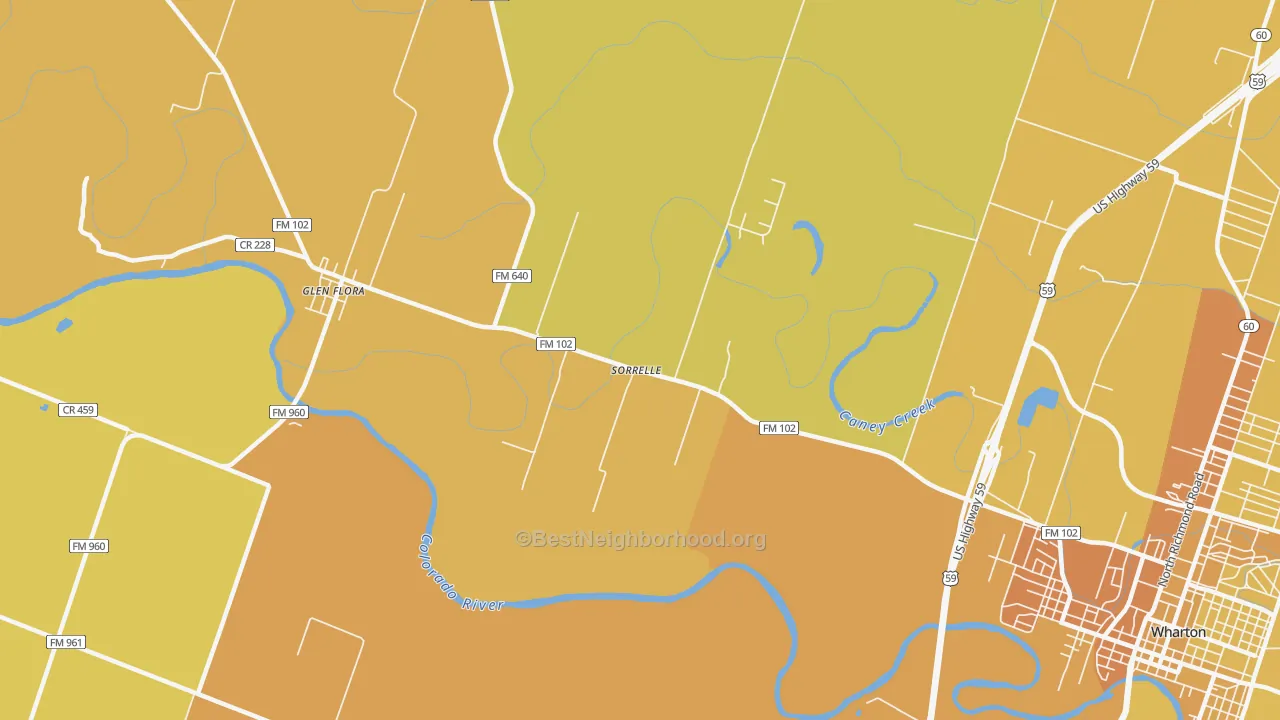 Map of the best neighborhoods in the Sorrelle area, with better matches in green and worse matches in red
