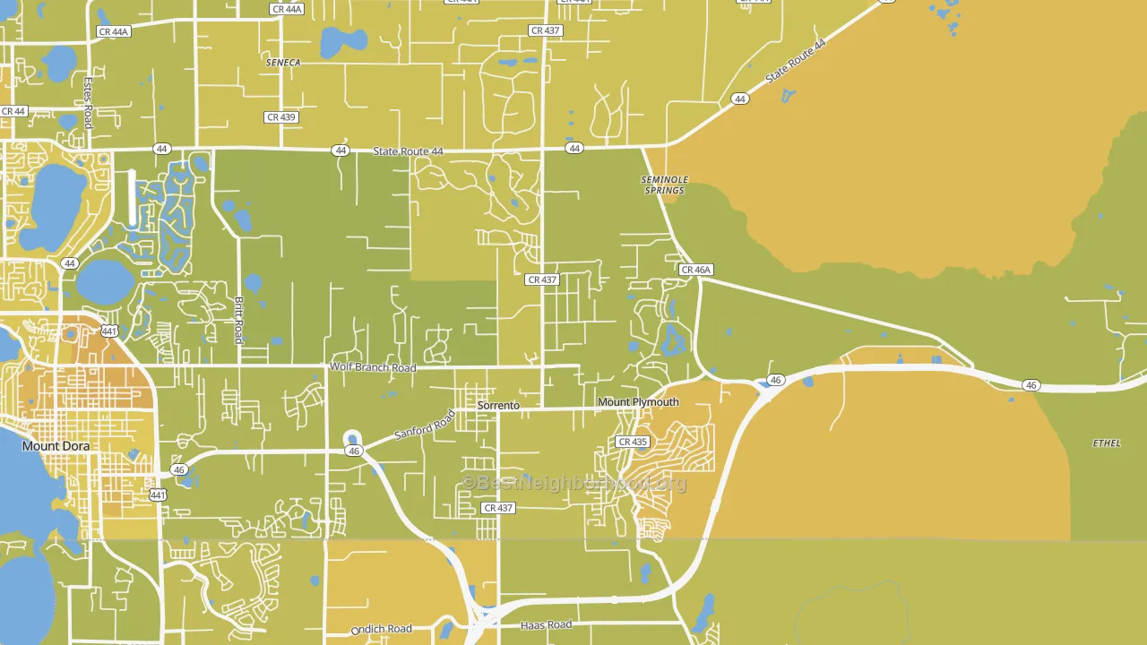 Map of the best neighborhoods in the Sorrento area, with better matches in green and worse matches in red