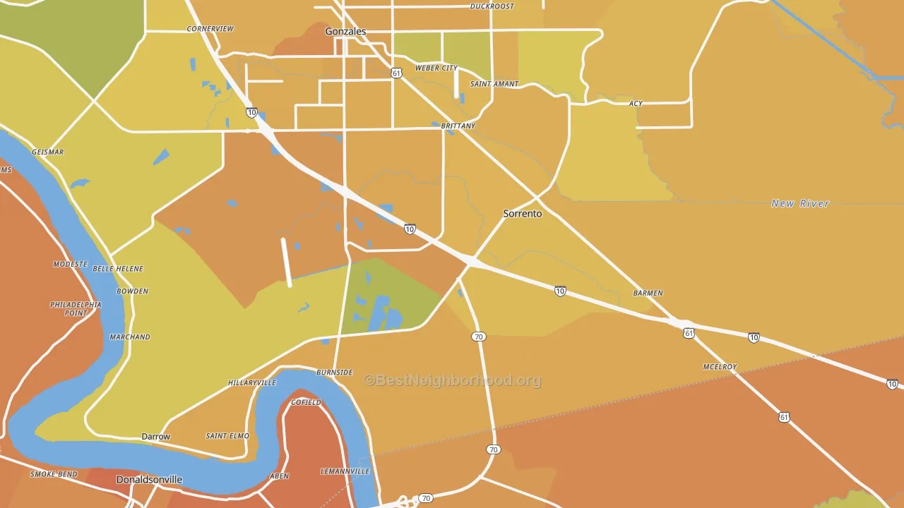 Map of the best neighborhoods in the Sorrento area, with better matches in green and worse matches in red