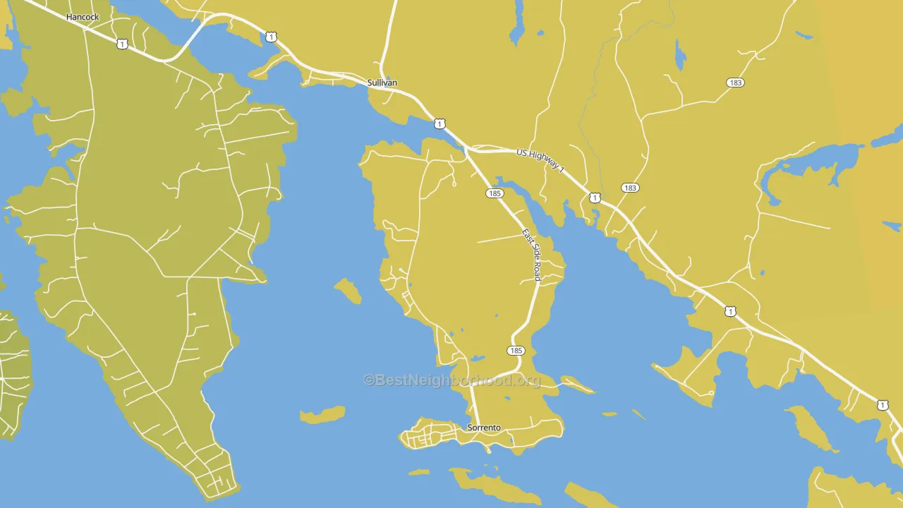 Map of the best neighborhoods in the Sorrento area, with better matches in green and worse matches in red