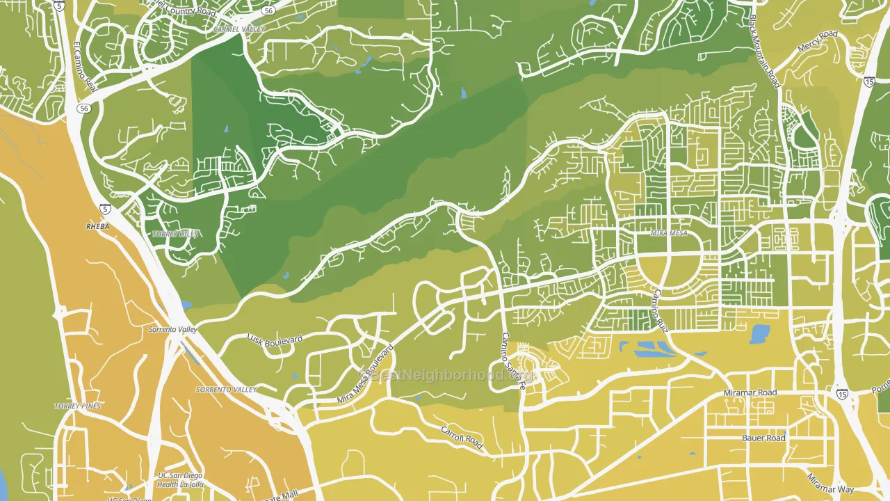 Map of the best neighborhoods in the Sorrento Valley, San Diego area, with better matches in green and worse matches in red