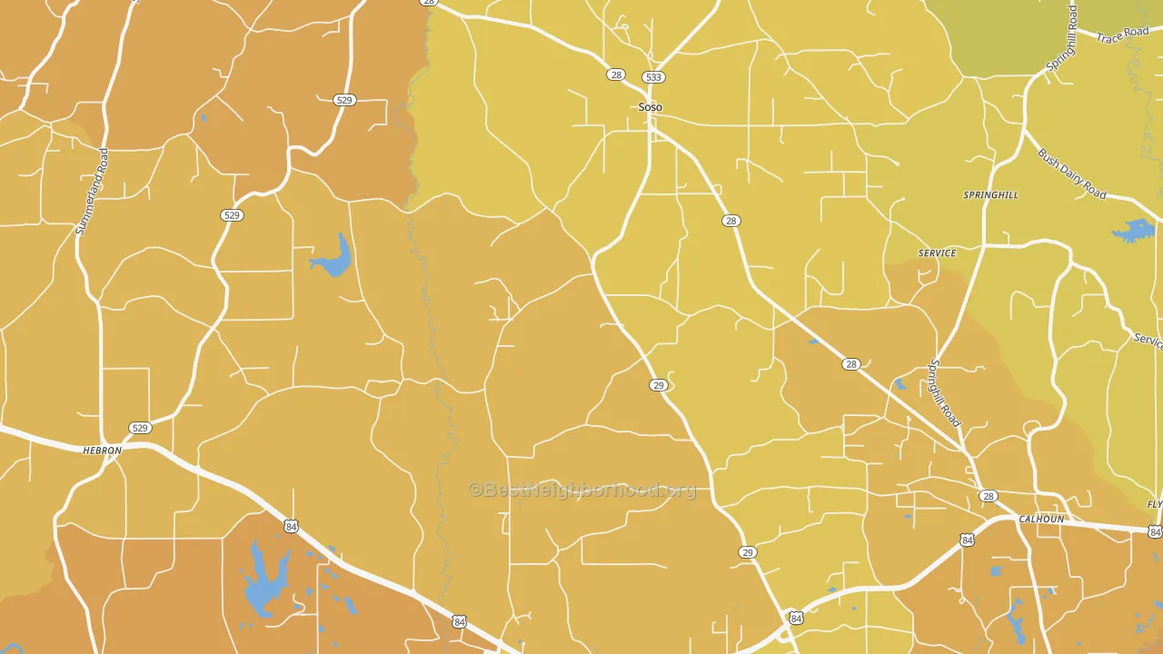 Map of the best neighborhoods in the Soso area, with better matches in green and worse matches in red