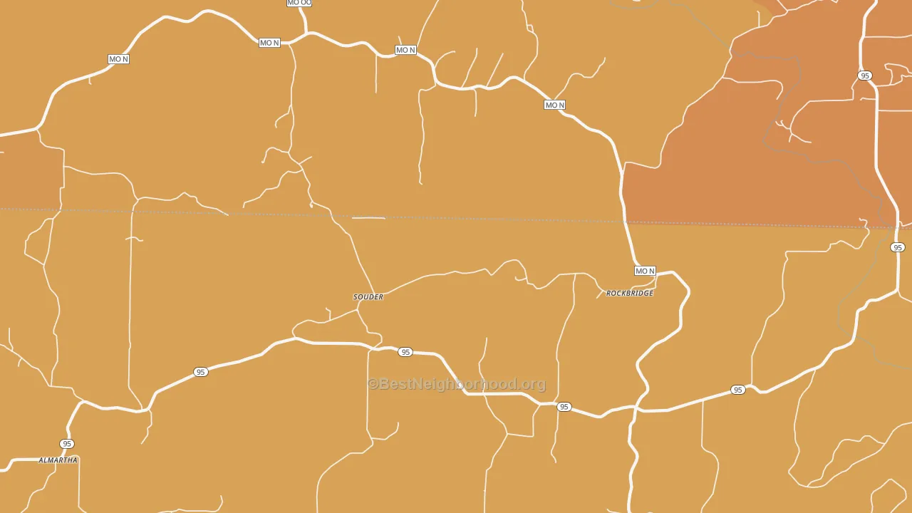 Map of the best neighborhoods in the Souder area, with better matches in green and worse matches in red