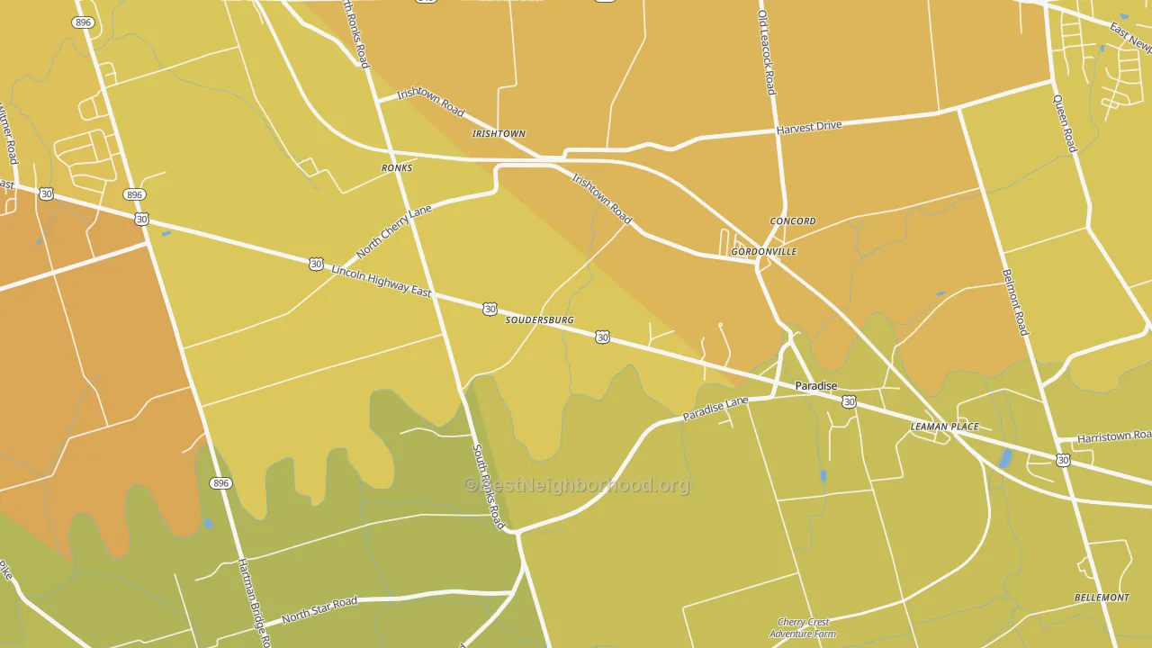 Map of the best neighborhoods in the Soudersburg area, with better matches in green and worse matches in red