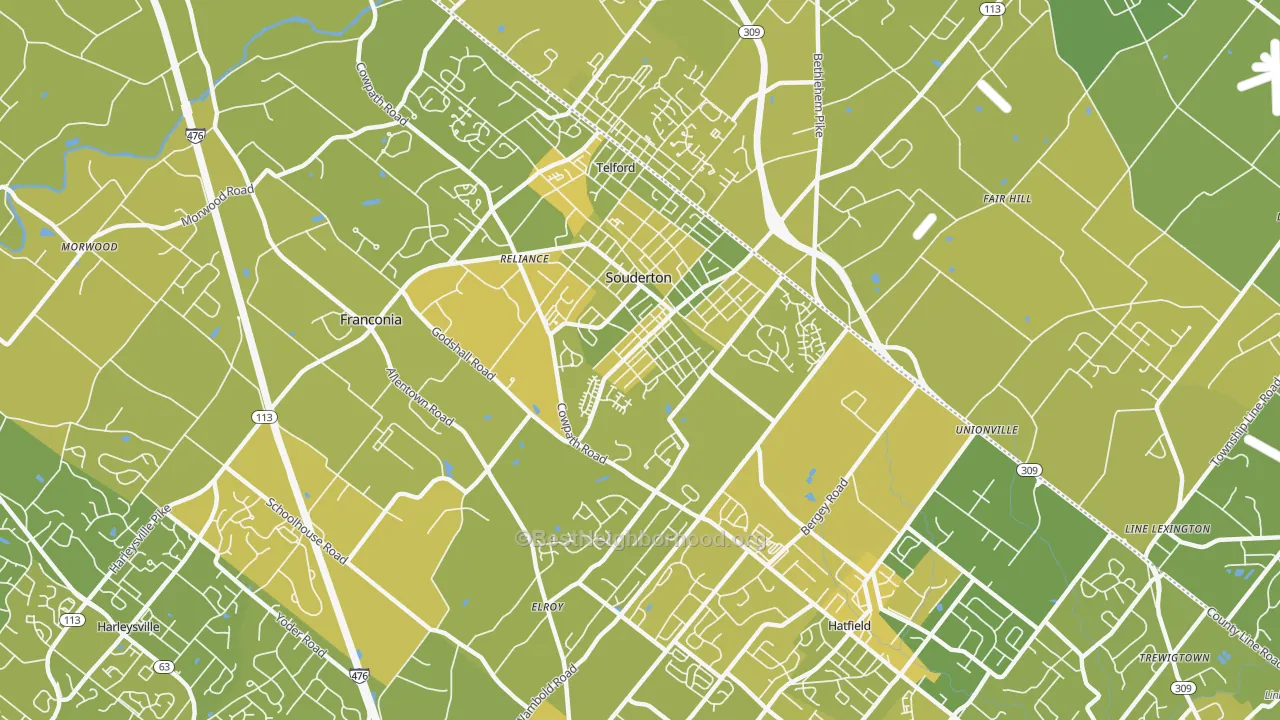 Map of the best neighborhoods in the Souderton area, with better matches in green and worse matches in red