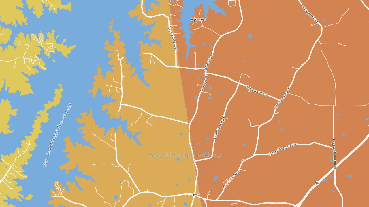 Map of the best neighborhoods in the Soul City area, with better matches in green and worse matches in red