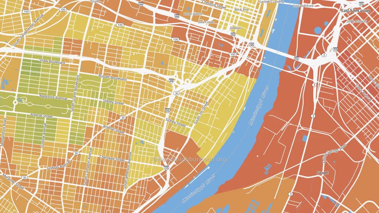 Map of the best neighborhoods in the Soulard, St. Louis area, with better matches in green and worse matches in red