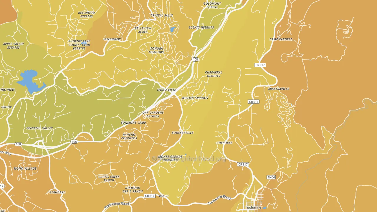 Map of the best neighborhoods in the Soulsbyville area, with better matches in green and worse matches in red
