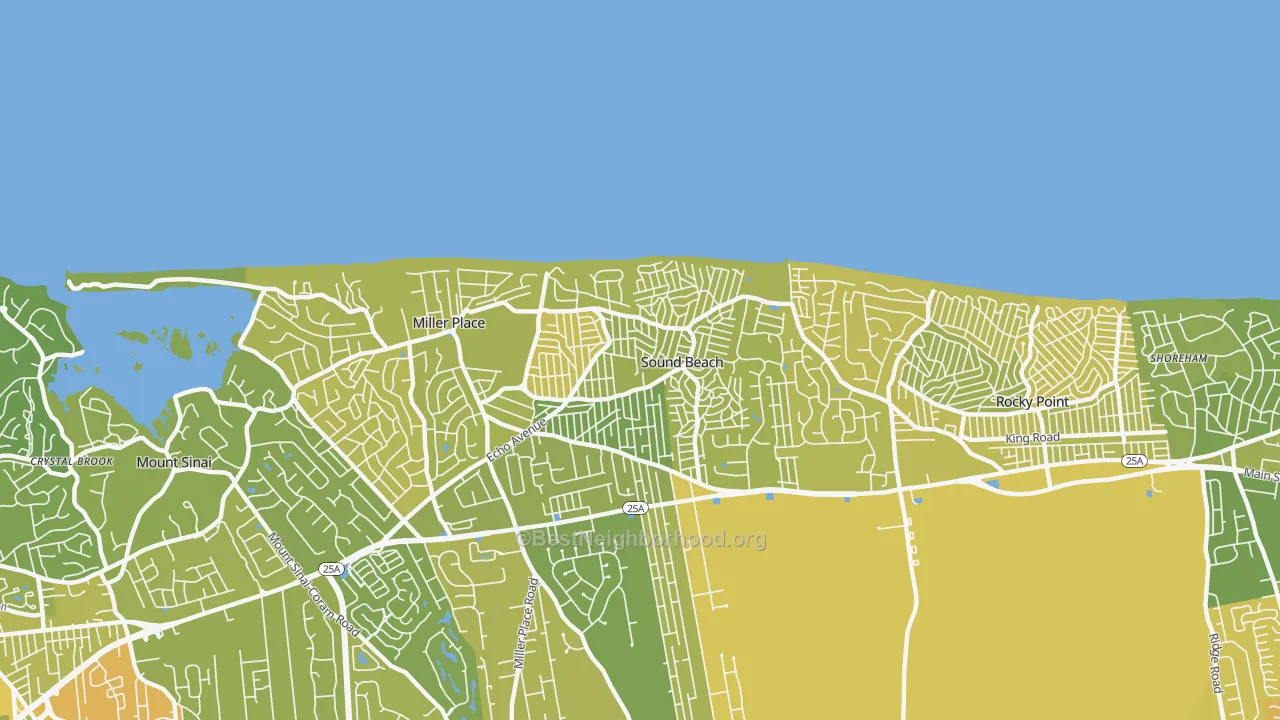 Map of the best neighborhoods in the Sound Beach area, with better matches in green and worse matches in red