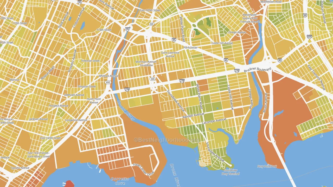 Map of the best neighborhoods in the Soundview, Bronx area, with better matches in green and worse matches in red