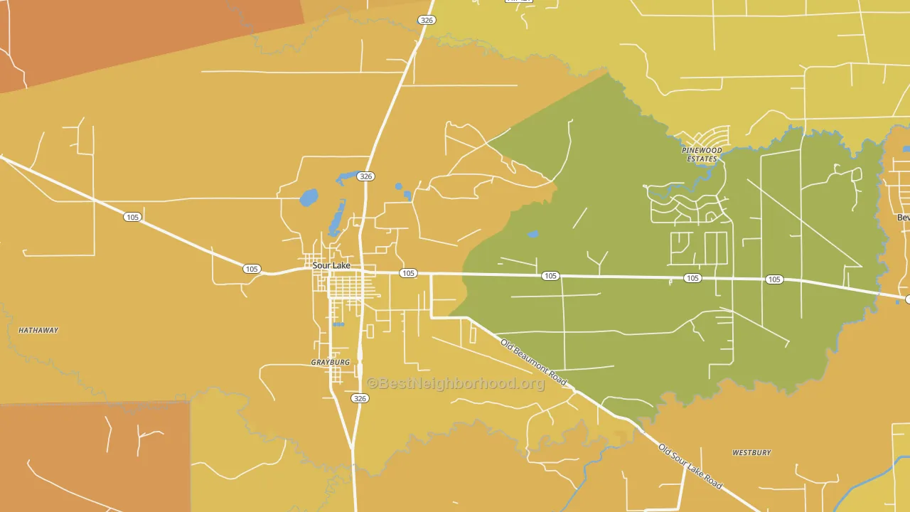 Map of the best neighborhoods in the Sour Lake area, with better matches in green and worse matches in red