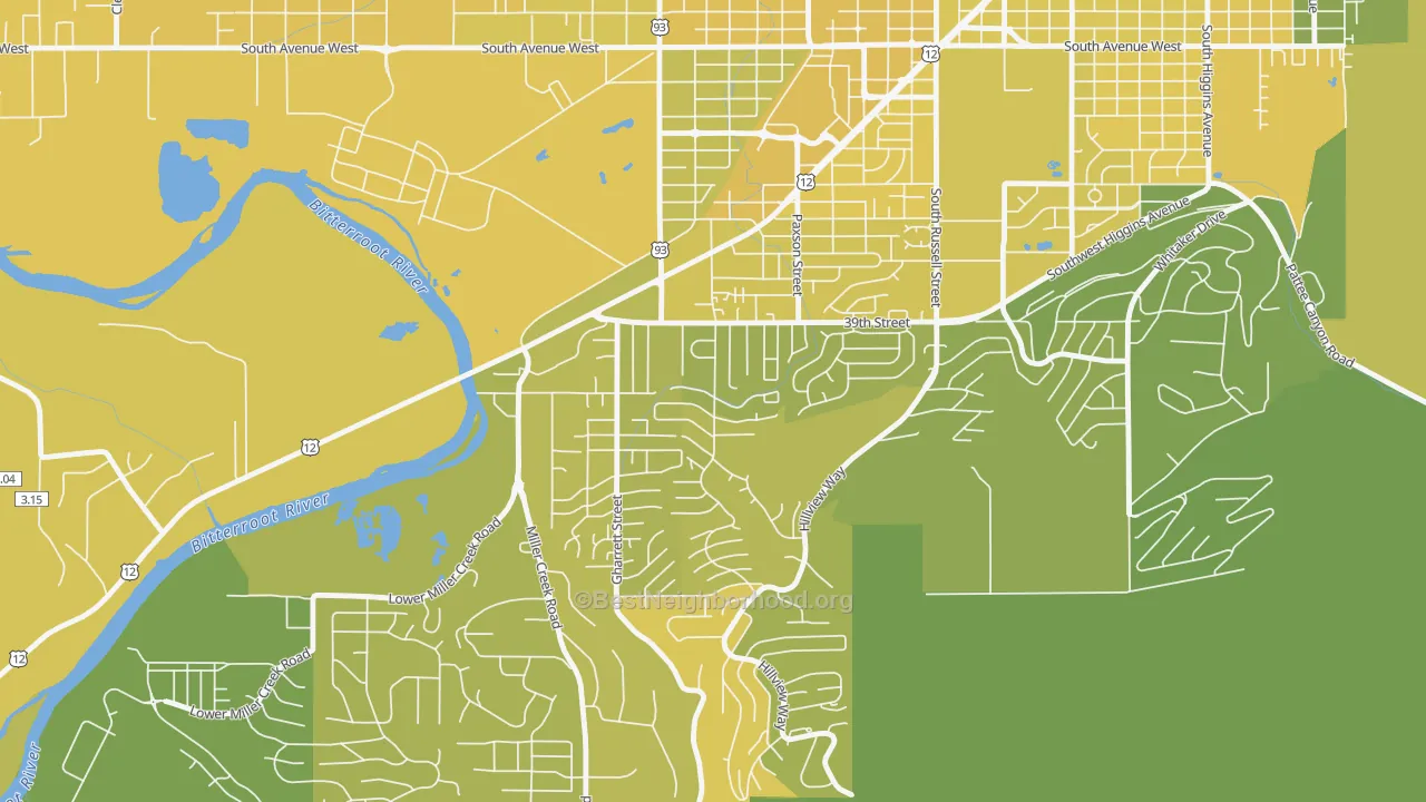 Map of the best neighborhoods in the South 39th Street, Missoula area, with better matches in green and worse matches in red