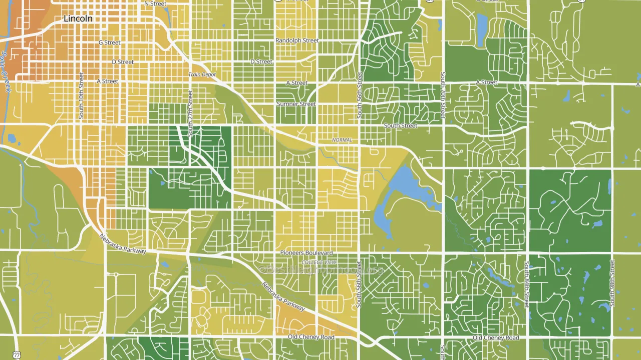 Map of the best neighborhoods in the South 48th Street, Lincoln area, with better matches in green and worse matches in red