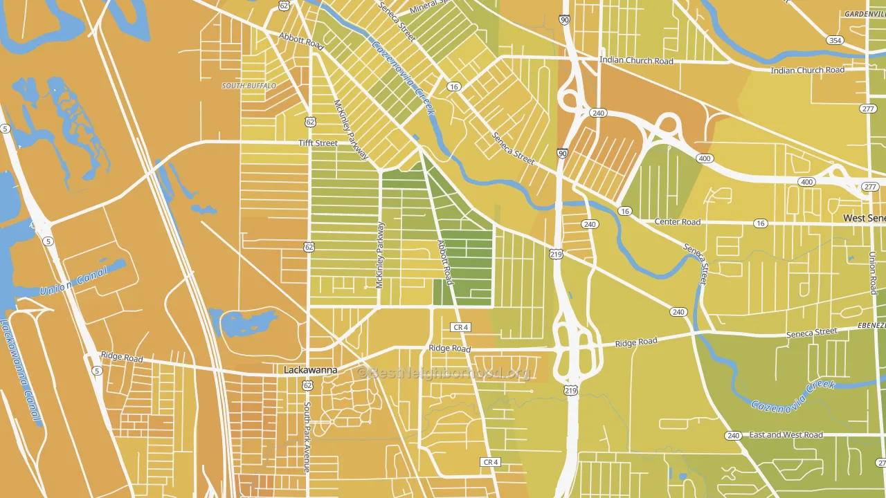 Map of the best neighborhoods in the South Abbott, Buffalo area, with better matches in green and worse matches in red