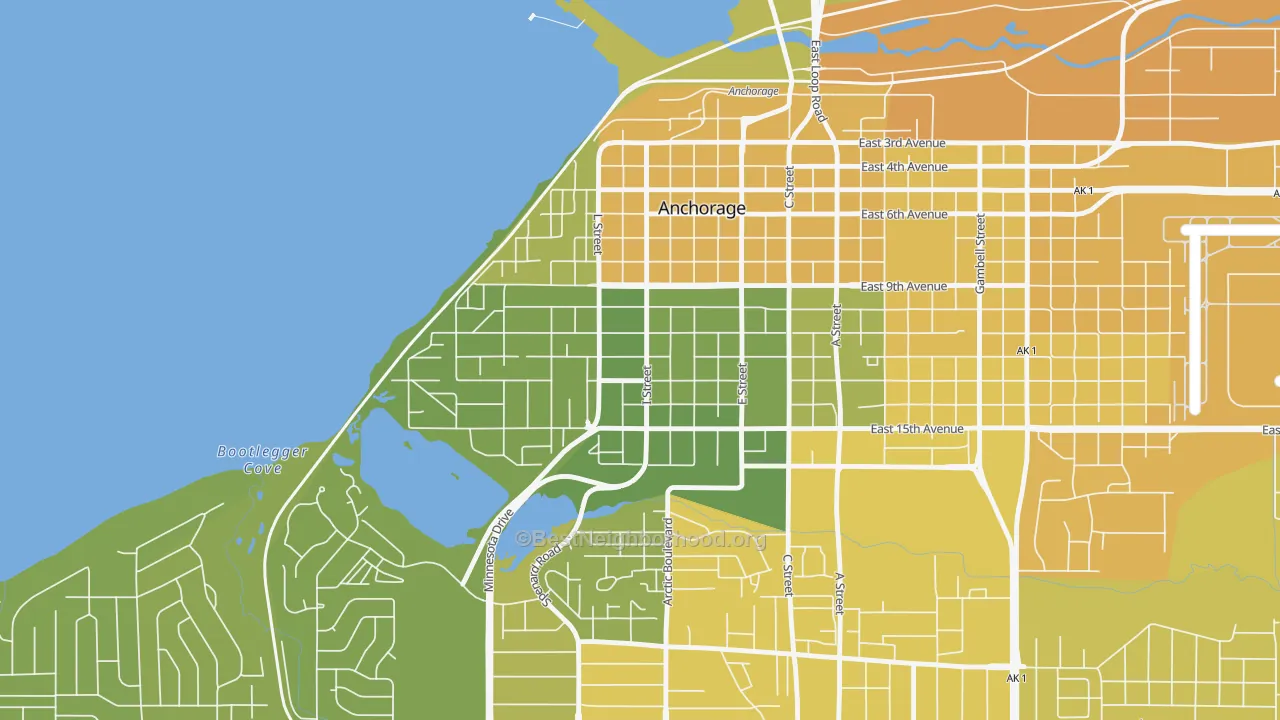Map of the best neighborhoods in the South Addition, Anchorage area, with better matches in green and worse matches in red