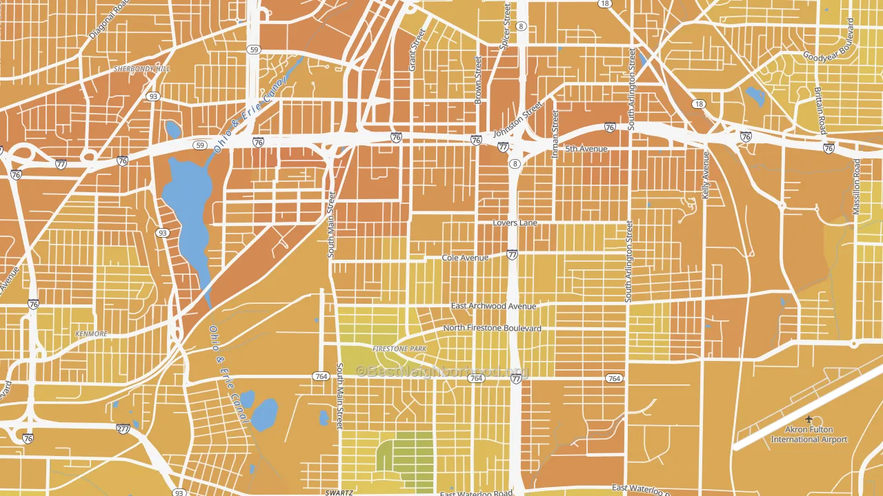 Map of the best neighborhoods in the South Akron, Akron area, with better matches in green and worse matches in red