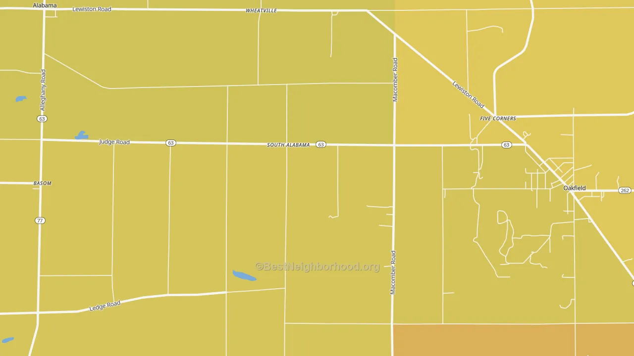 Map of the best neighborhoods in the South Alabama area, with better matches in green and worse matches in red