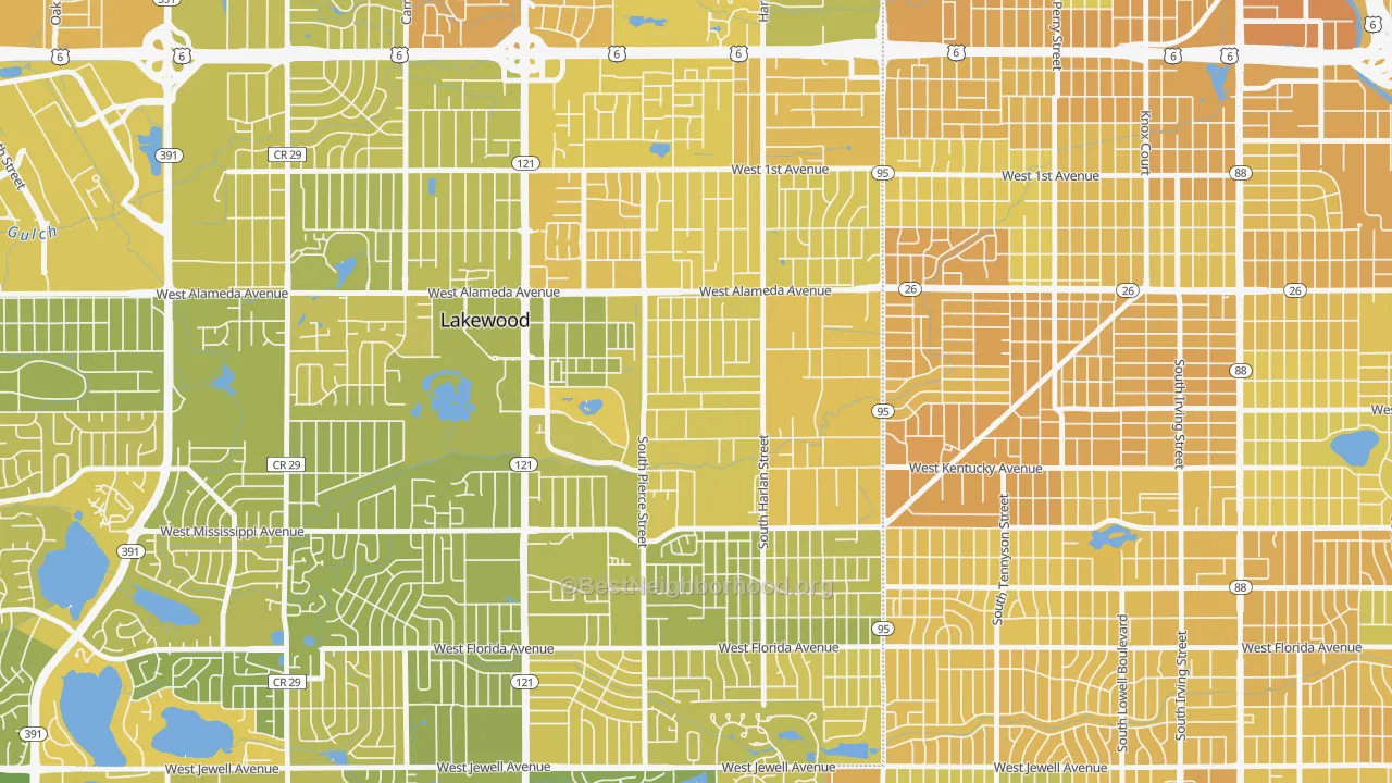 Map of the best neighborhoods in the South Alameda, Lakewood area, with better matches in green and worse matches in red