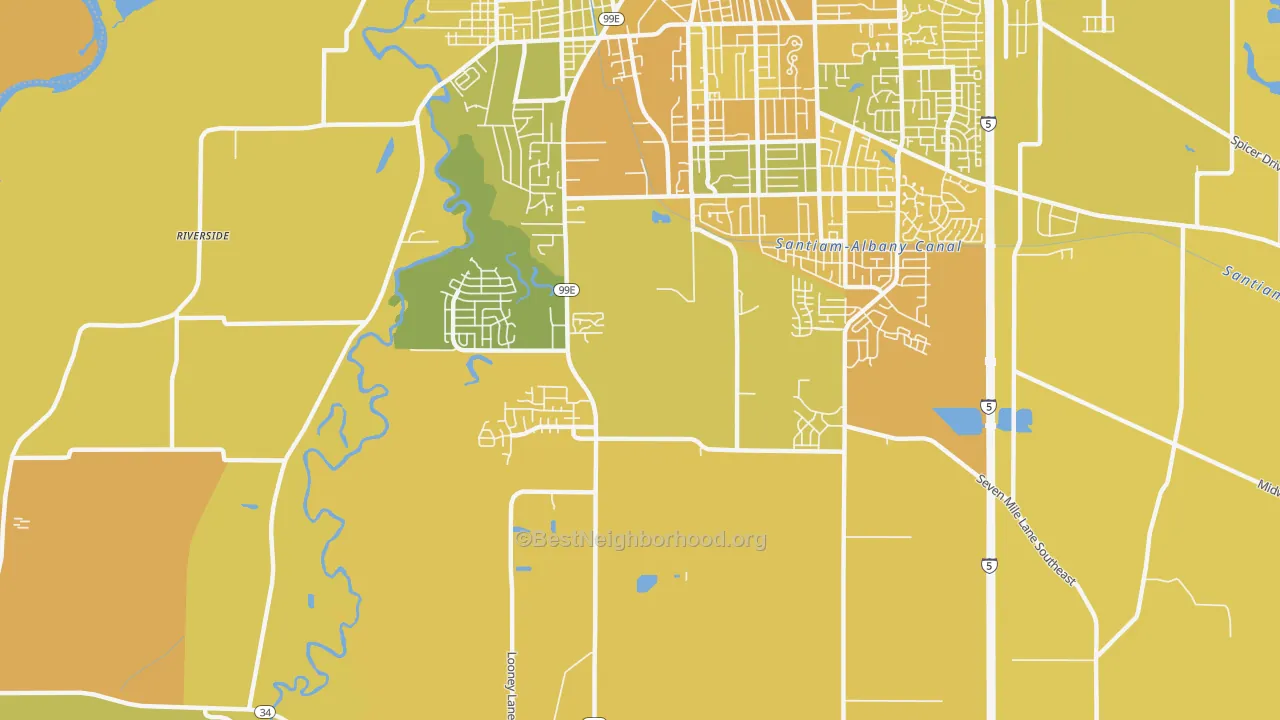 Map of the best neighborhoods in the South Albany, Albany area, with better matches in green and worse matches in red