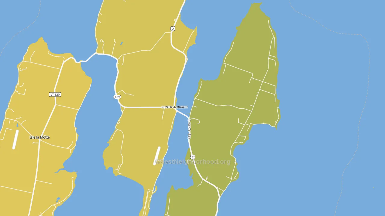 Map of the best neighborhoods in the South Alburg area, with better matches in green and worse matches in red