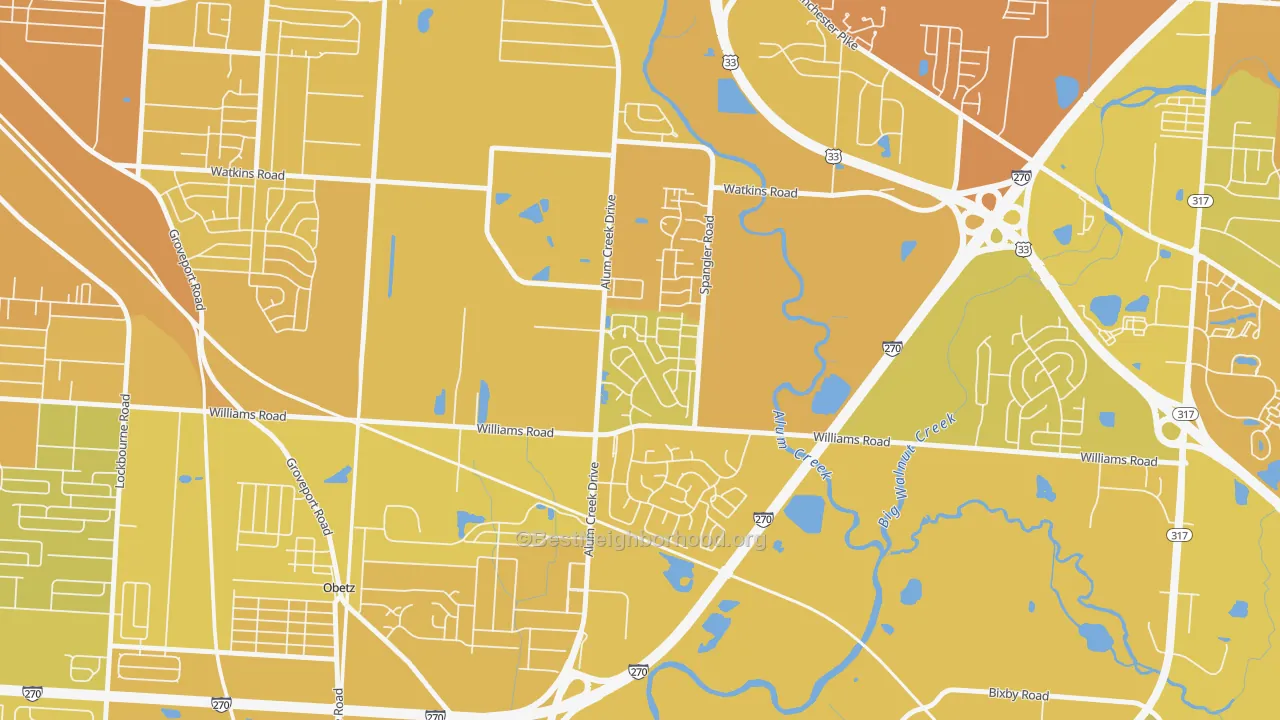 Map of the best neighborhoods in the South Alum Creek, Columbus area, with better matches in green and worse matches in red