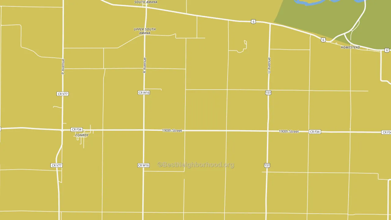 Map of the best neighborhoods in the South Amana area, with better matches in green and worse matches in red