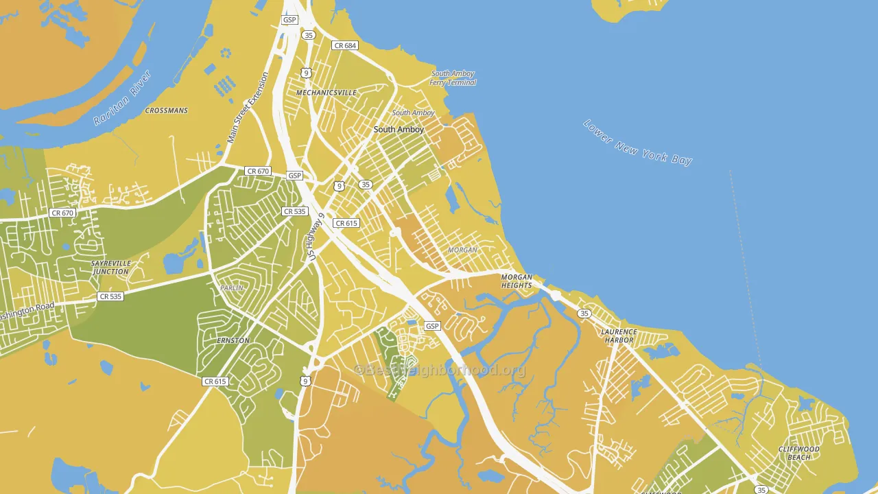 Map of the best neighborhoods in the South Amboy area, with better matches in green and worse matches in red