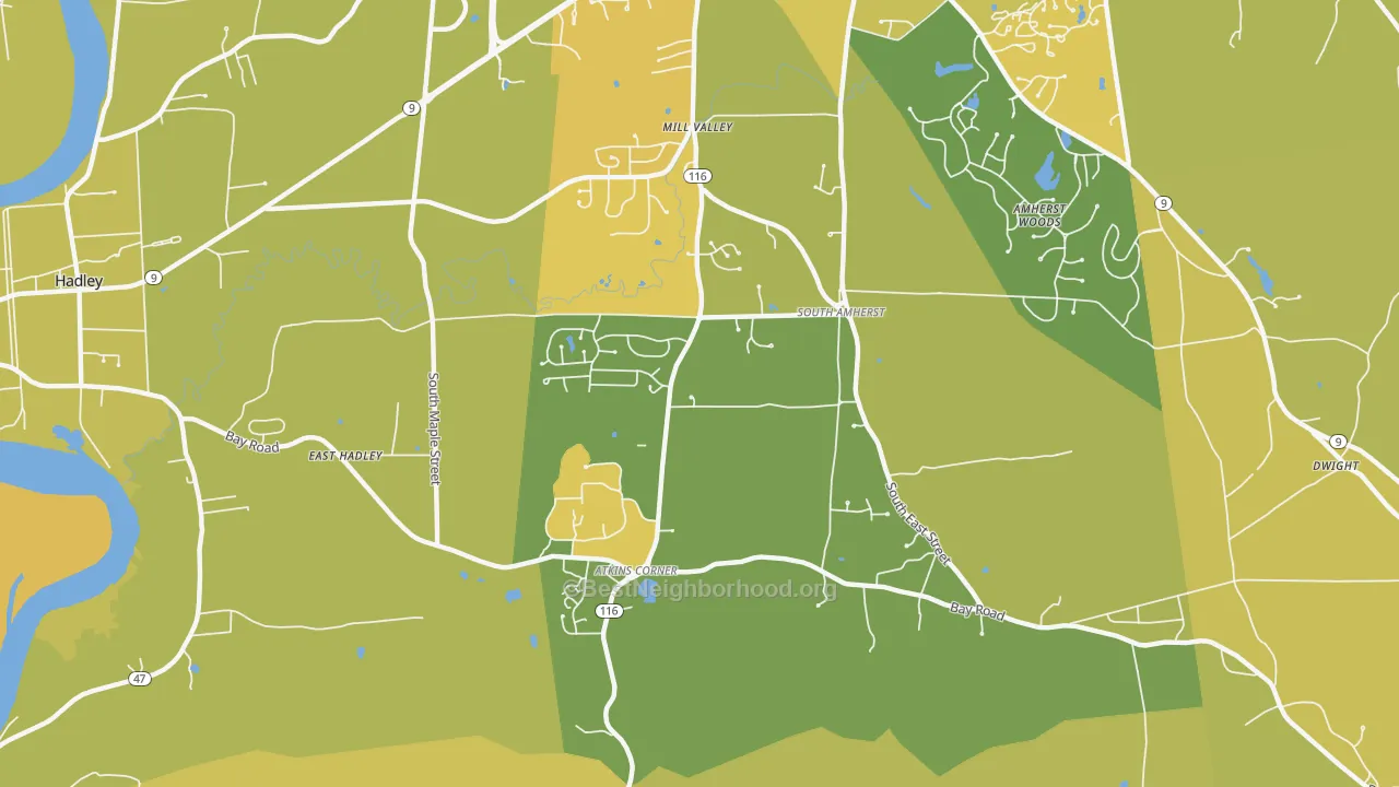 Map of the best neighborhoods in the South Amherst, Amherst area, with better matches in green and worse matches in red