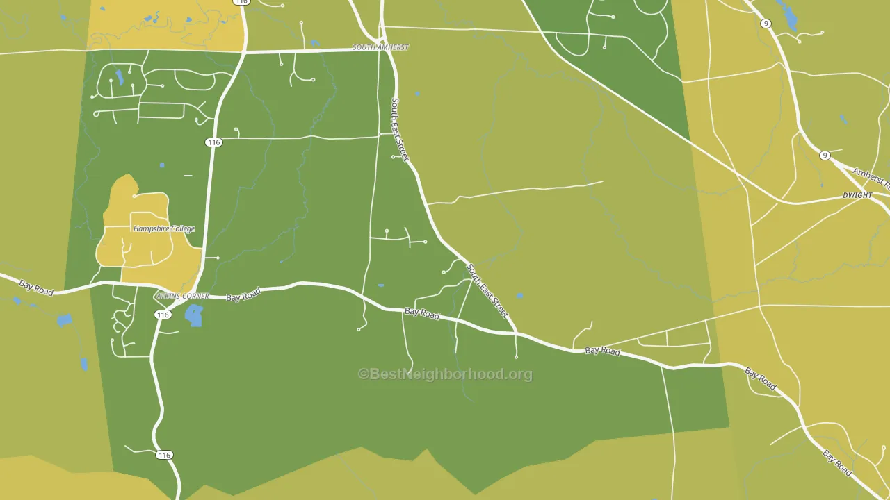 Map of the best neighborhoods in the South Amherst area, with better matches in green and worse matches in red