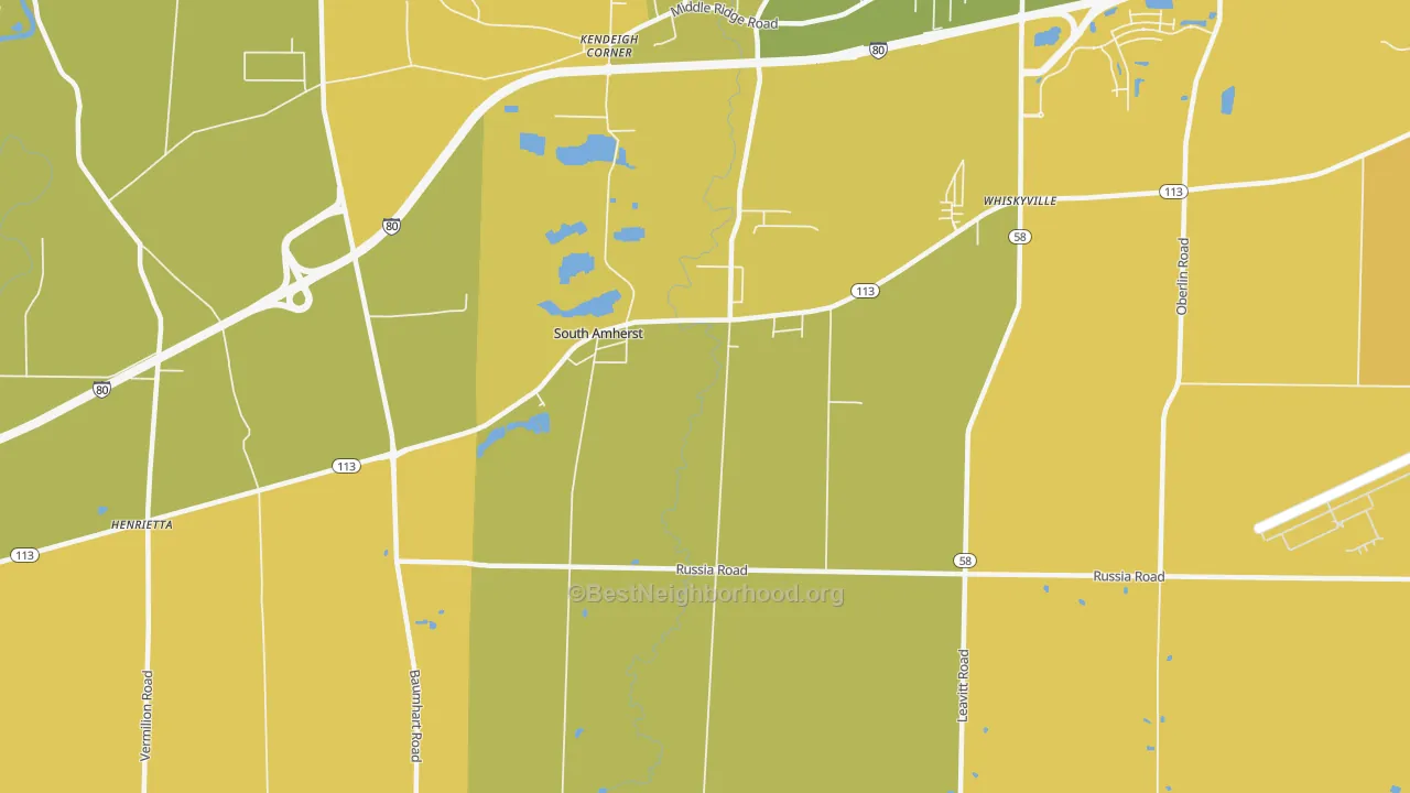 Map of the best neighborhoods in the South Amherst area, with better matches in green and worse matches in red