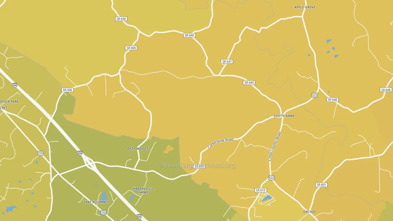 Map of the best neighborhoods in the South Anna area, with better matches in green and worse matches in red