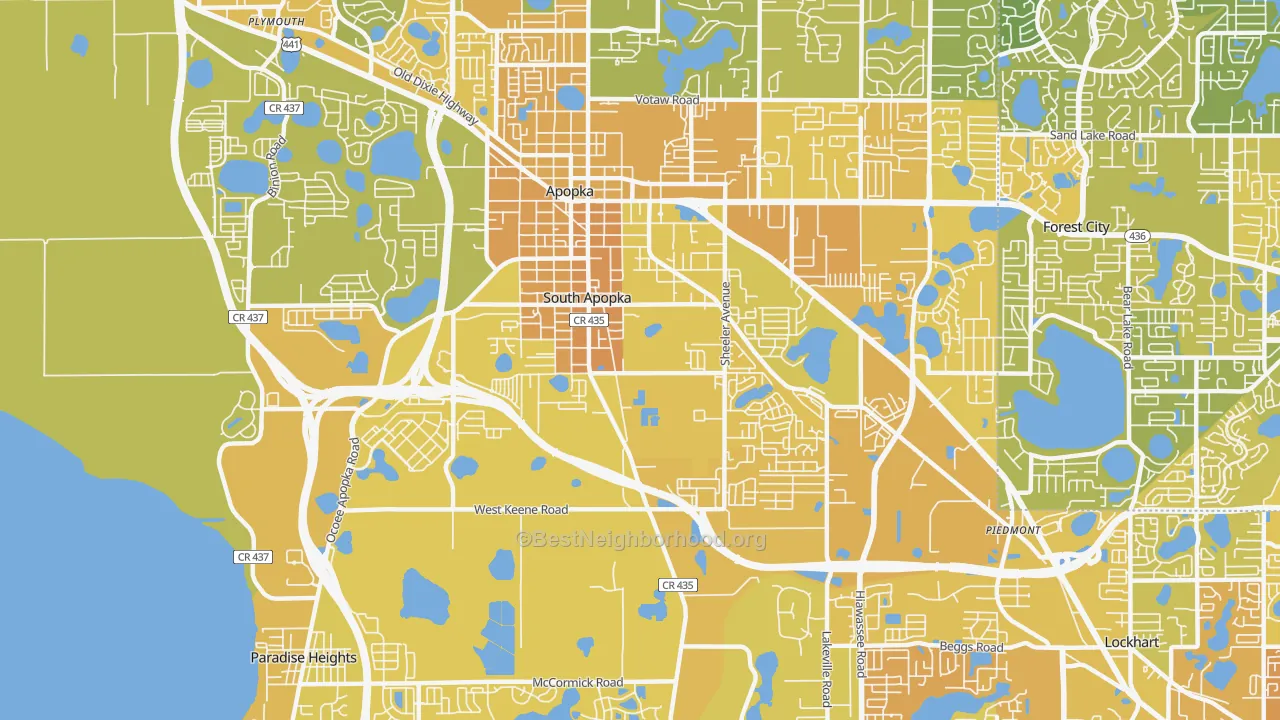 Map of the best neighborhoods in the South Apopka area, with better matches in green and worse matches in red