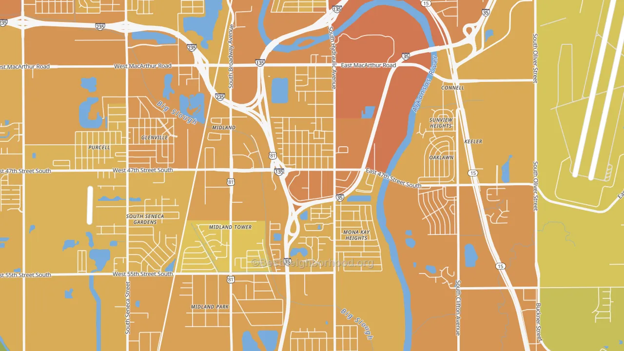 Map of the best neighborhoods in the South Area, Wichita area, with better matches in green and worse matches in red