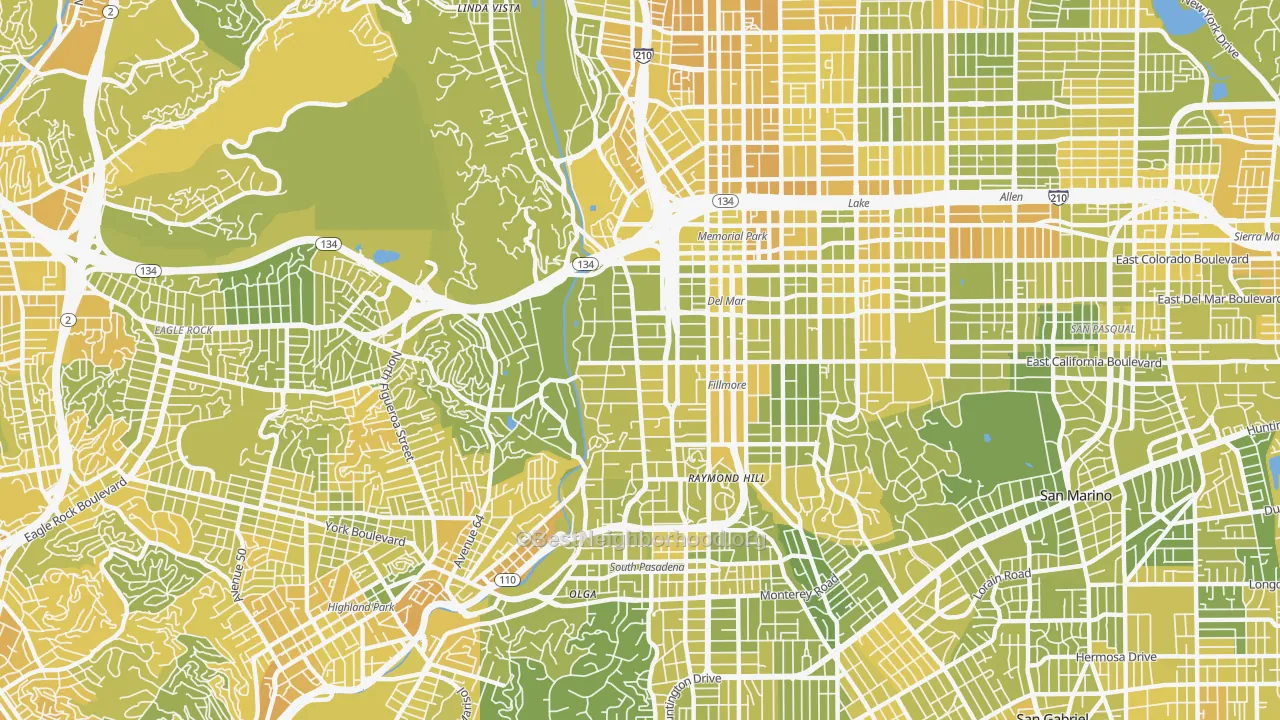 Map of the best neighborhoods in the South Arroyo, Pasadena area, with better matches in green and worse matches in red