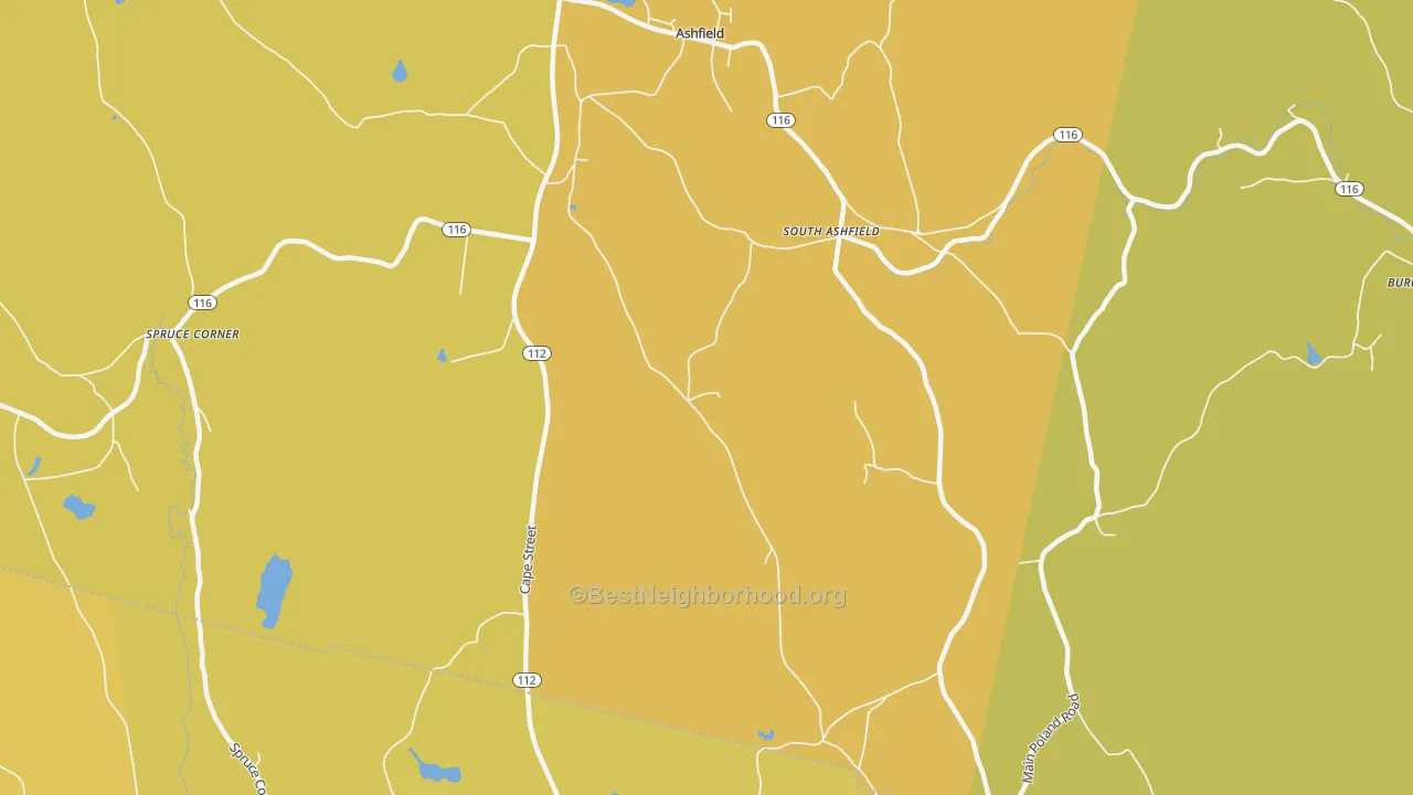 Map of the best neighborhoods in the South Ashfield area, with better matches in green and worse matches in red