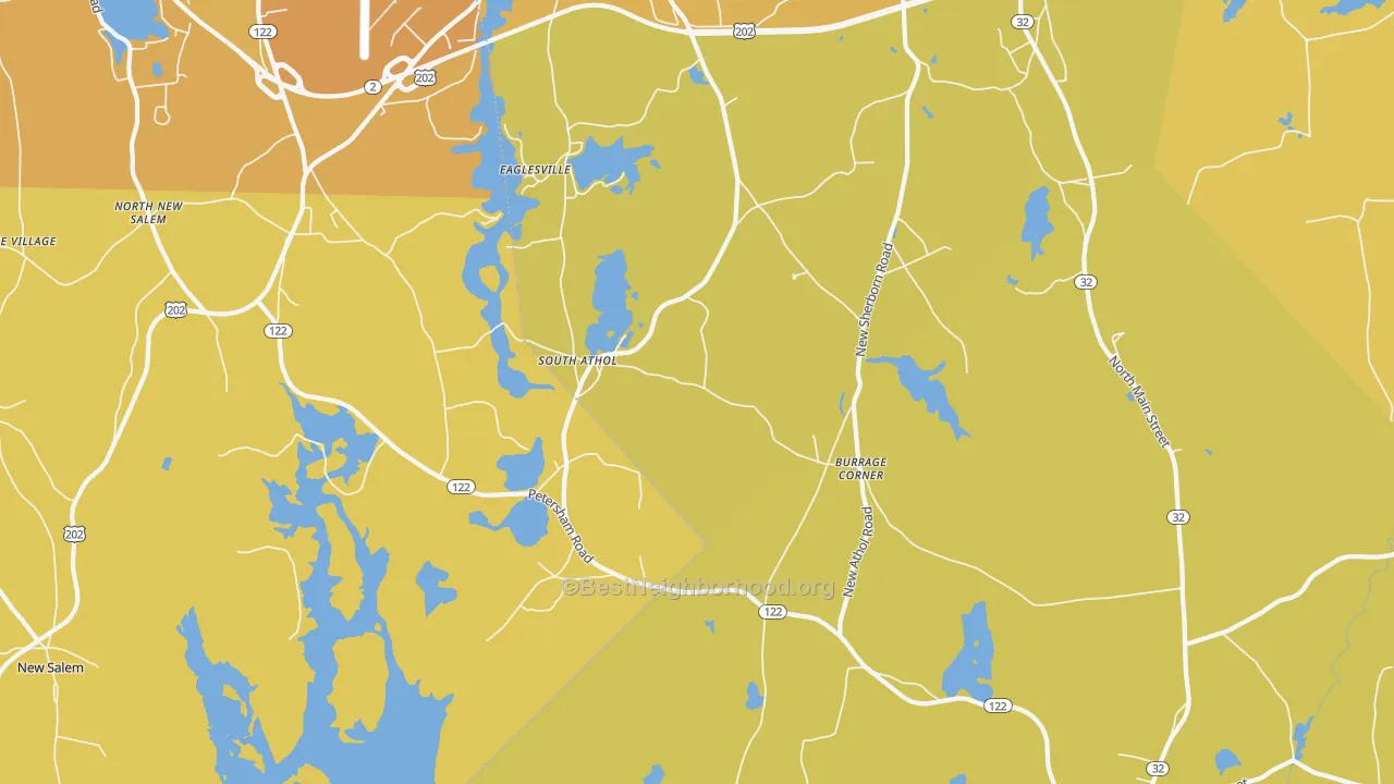 Map of the best neighborhoods in the South Athol area, with better matches in green and worse matches in red