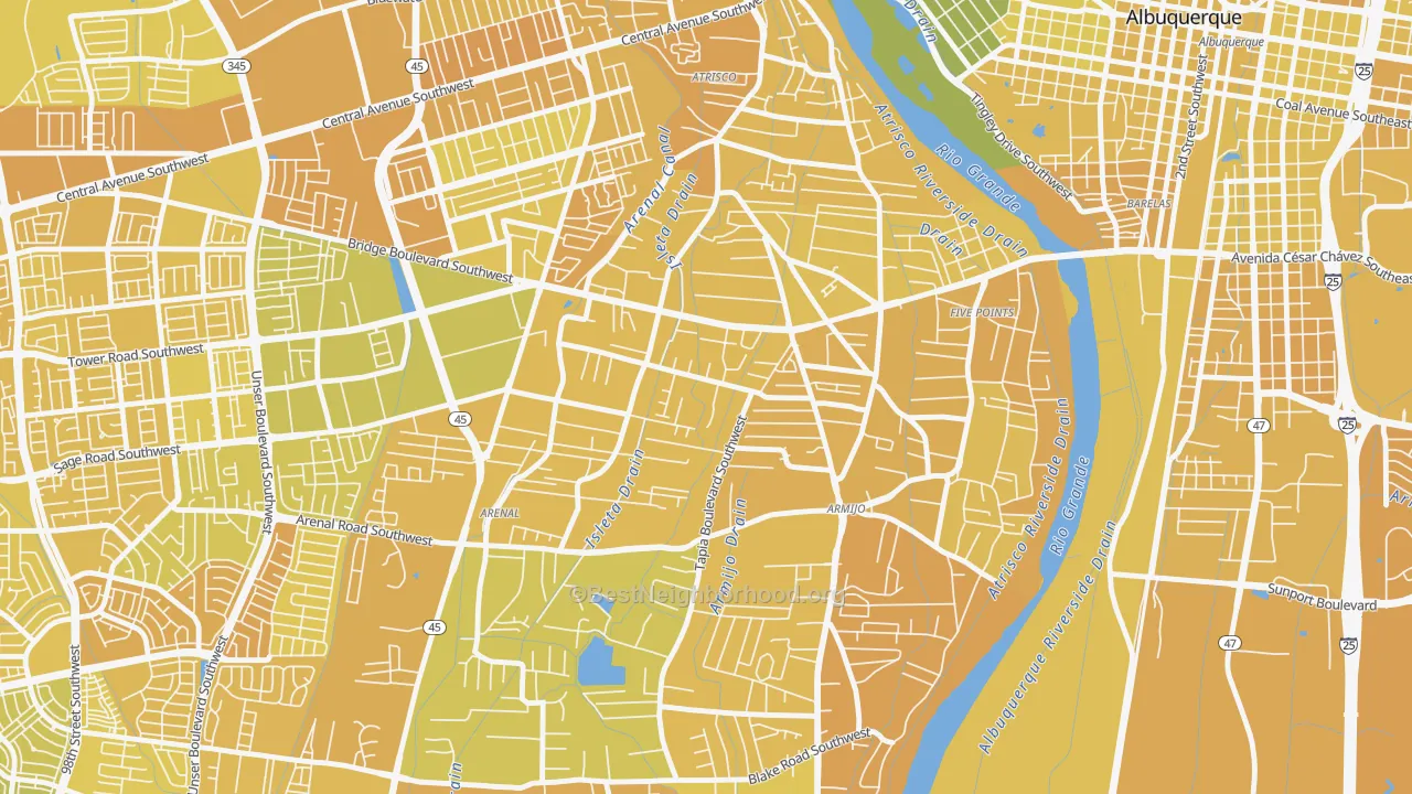 Map of the best neighborhoods in the South Atrisco, South Valley area, with better matches in green and worse matches in red