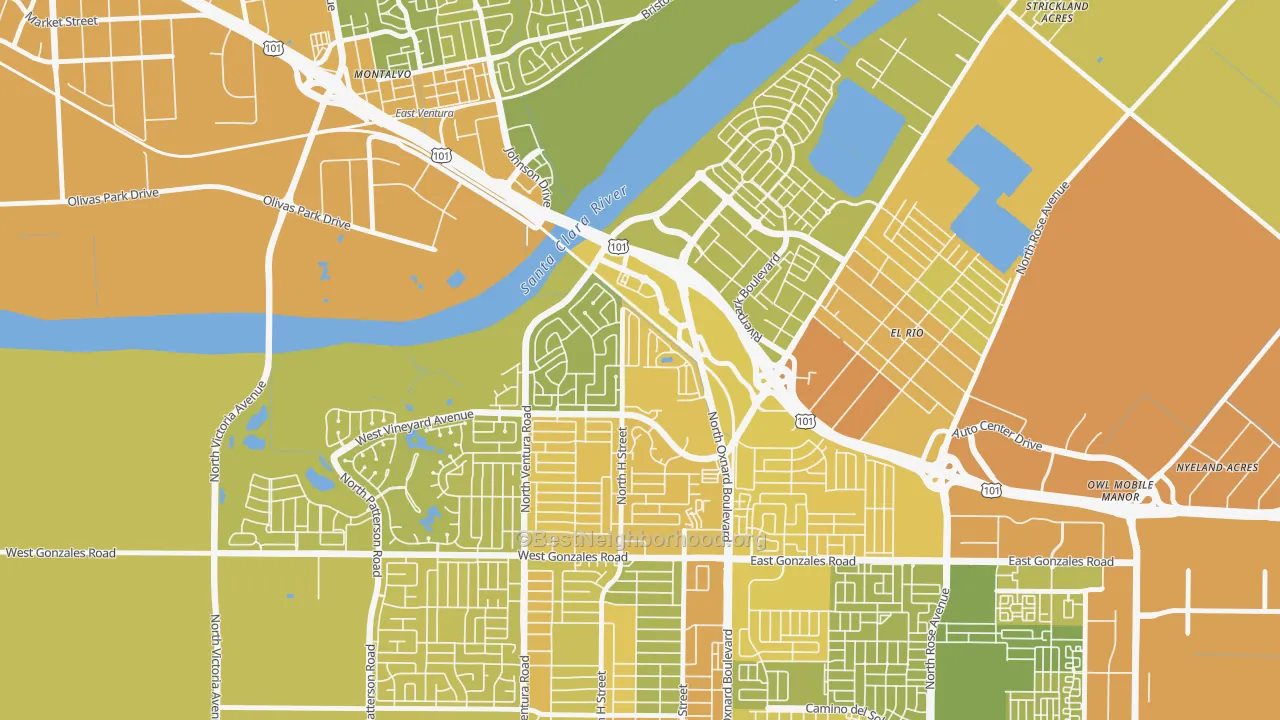 Map of the best neighborhoods in the South Bank, Oxnard area, with better matches in green and worse matches in red