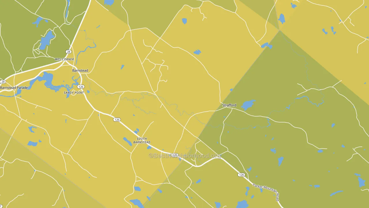 Map of the best neighborhoods in the South Barnstead area, with better matches in green and worse matches in red