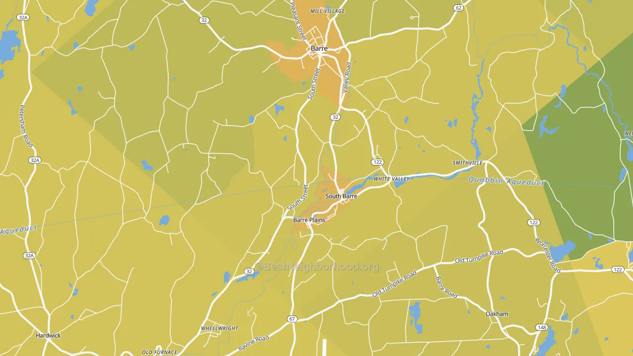 Map of the best neighborhoods in the South Barre area, with better matches in green and worse matches in red