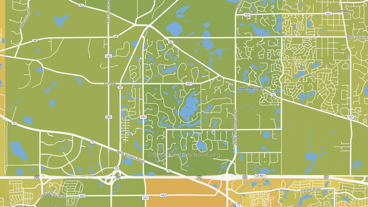 Map of the best neighborhoods in the South Barrington area, with better matches in green and worse matches in red