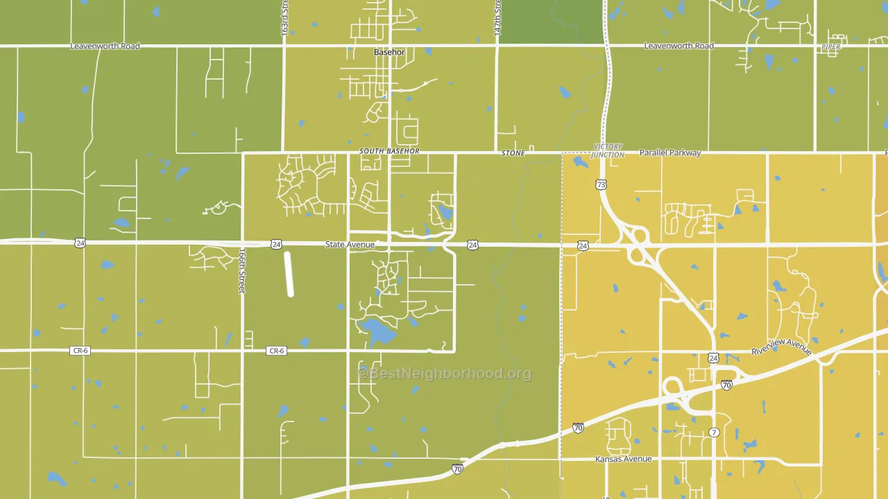 Map of the best neighborhoods in the South Basehor area, with better matches in green and worse matches in red