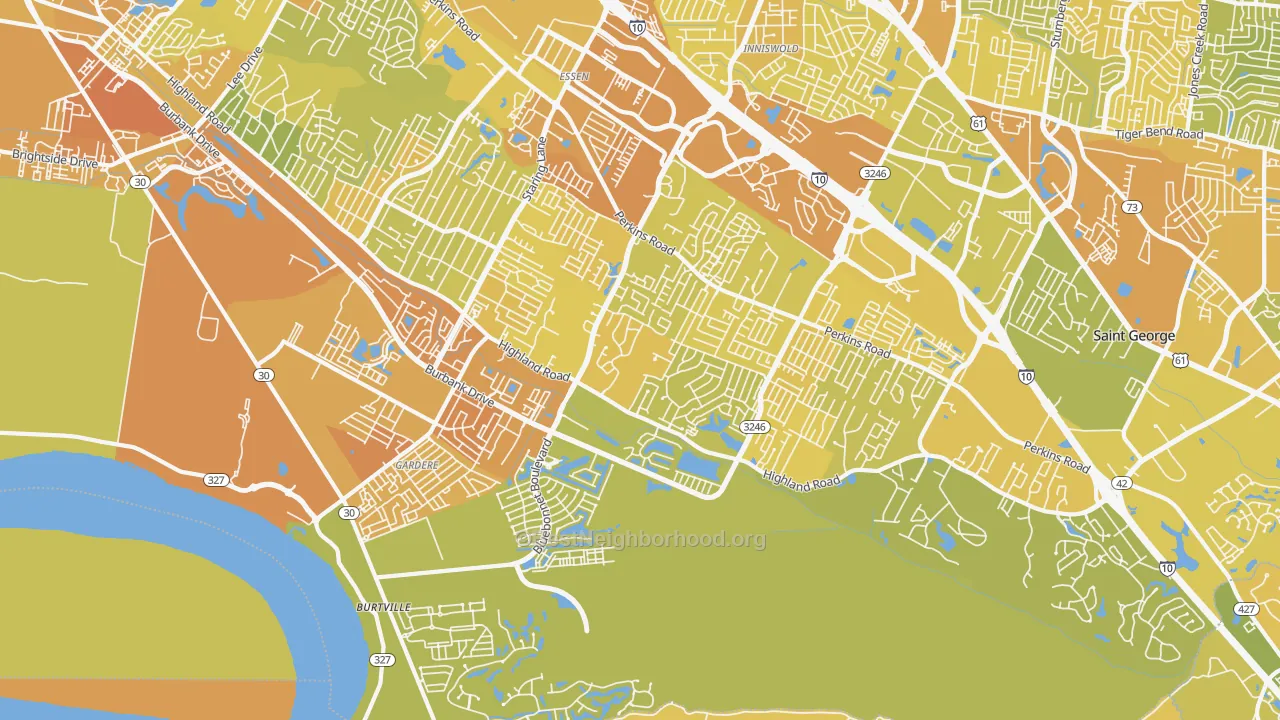 Map of the best neighborhoods in the South Baton Rouge, Baton Rouge area, with better matches in green and worse matches in red