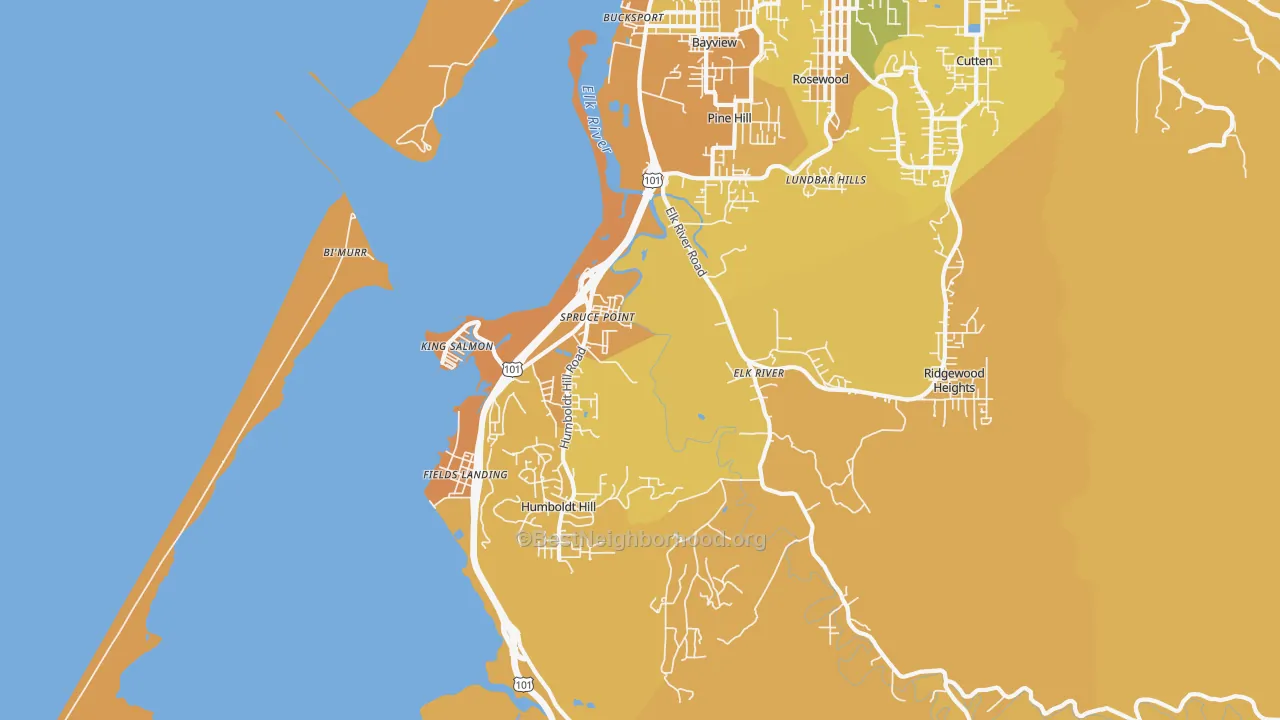 Map of the best neighborhoods in the South Bay, Eureka area, with better matches in green and worse matches in red