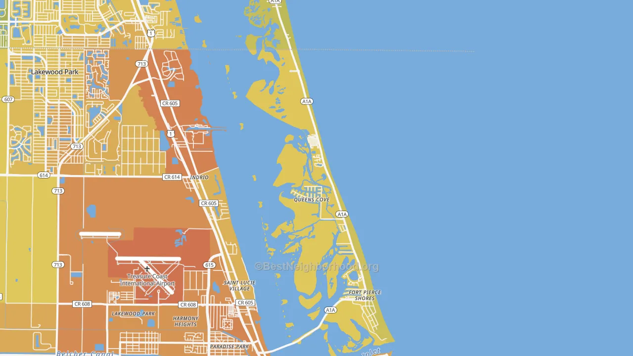 Map of the best neighborhoods in the South Beach, Fort Pierce area, with better matches in green and worse matches in red