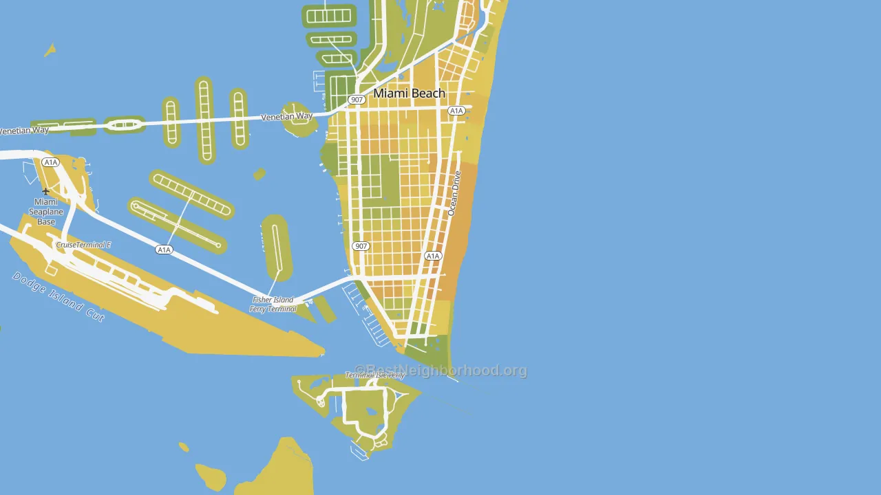Map of the best neighborhoods in the South Beach Miami Beach, Miami Beach area, with better matches in green and worse matches in red