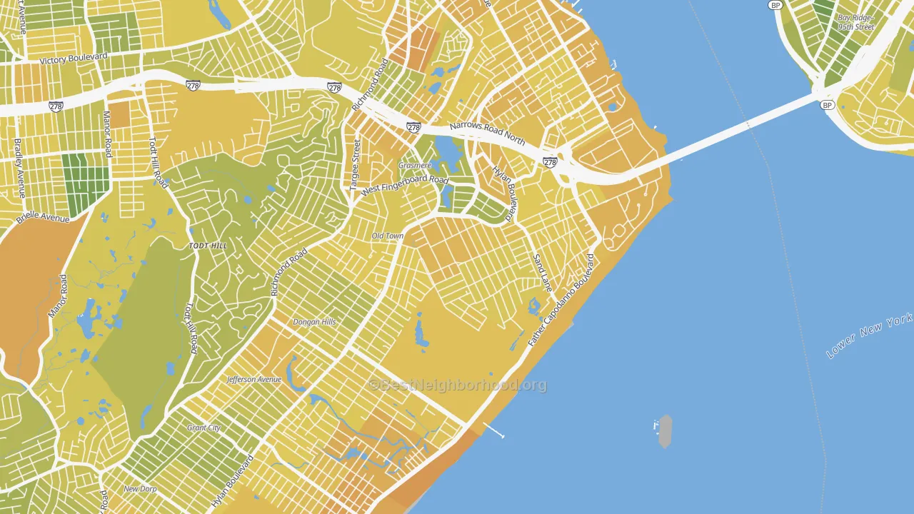 Map of the best neighborhoods in the South Beach, Staten Island area, with better matches in green and worse matches in red